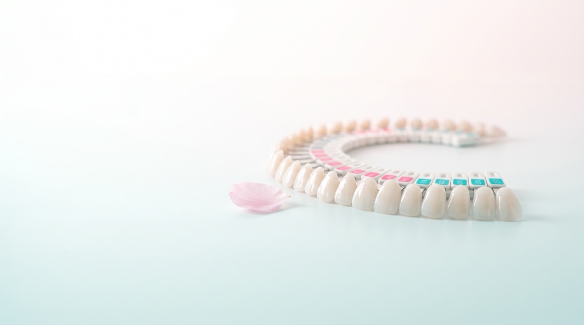A fan of porcelain veneer shade tabs next to a pink flower petal