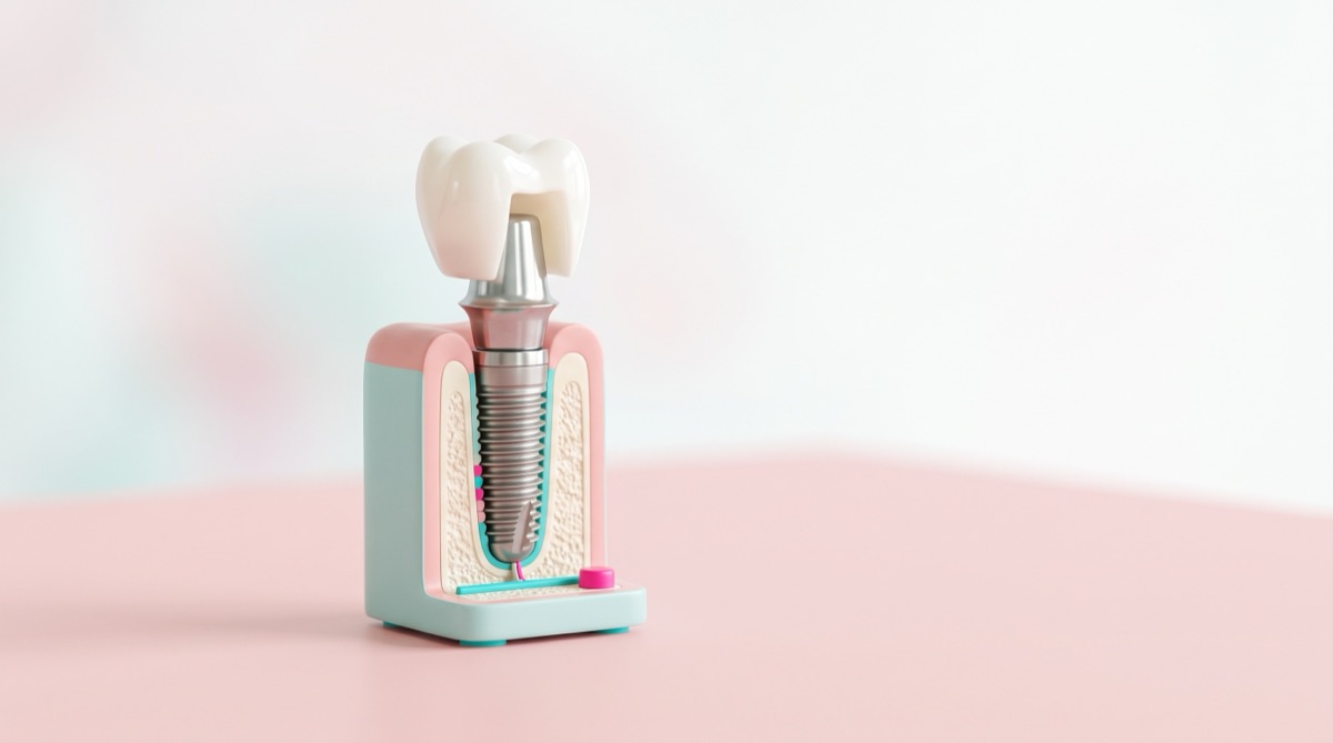 Cutaway model of a dental implant with its post, abutment and crown